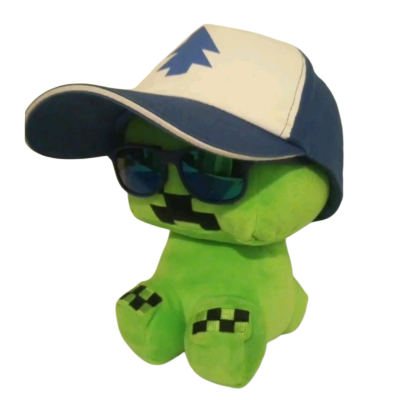 Plushie creeper with a hat 
            and sunglasses on